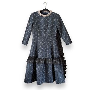 Miri New York Couture Blue Jacquard Long Sleeve Tiered Midi Dress Size 2 Formal